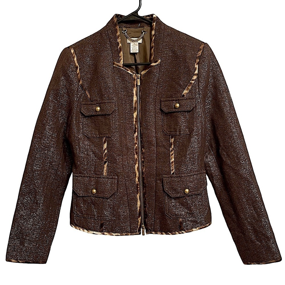 Cache Metallic Brown Zip Jacket Leopard Print Trim Trending Wool Blend Size 8